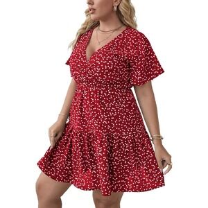 Heart Print Womens Red White V Neck Flutter Sleeve‎ Tiered Mini Dress Size XL